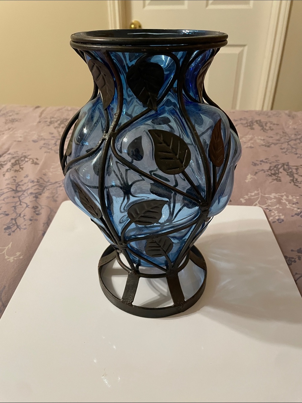 Vintage Blue Glass Vase with Black Leaf Metal Overlay